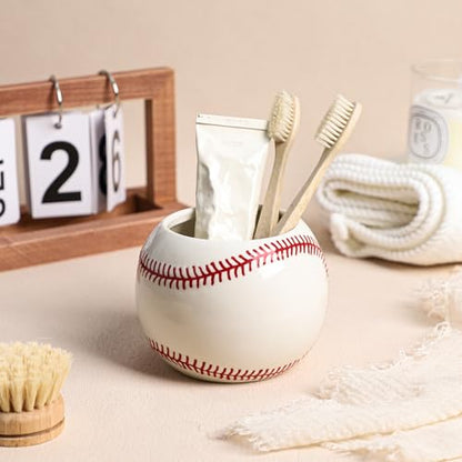Gaolinci Baseball Shape Ceramic Toothbrush Holder, Bathroom Countertop Tumblers, Makeup Brush Storage