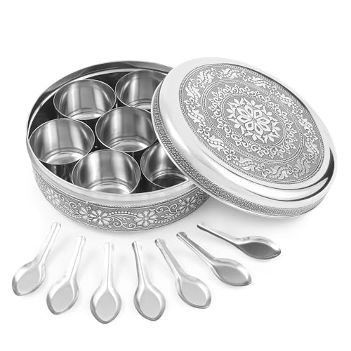 Designer Spice Container Masala Dabba, 7 Spice Jar... (Silver | Stainless Steel)