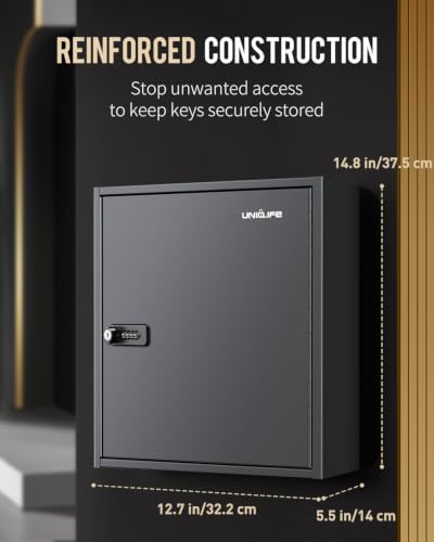 Uniclife 60 Position Steel Key Cabinet with Combination & Key Lock, Black | Wall mount key box, resettable 4-digit code lock, 2 backup keys, thickened steel, large capacity, adjustable racks & labels