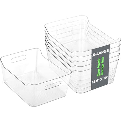 Tiawudi 6 Pack Plastic Storage Bins, Extra Large Pantry Organizer, 13.5" x 10" Clear Storage Containers and Organizer Bins, Multi-Use Bins for Home, Kitchen, Closet and Cabinet