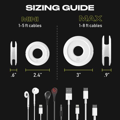 Side Winder Mini and Max Headphone, Earbud and Charging Cable Winder and Organizer Perfect for Wrapping Earbuds and Cords for Travel and Organization 2-Pack (White, Max)
