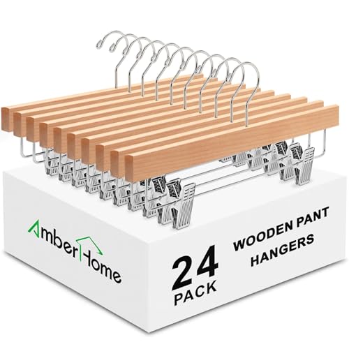 24 Pack Natural Wooden Pants Hangers with Adjustab... (24 Count | Natural | Lotus Wood)