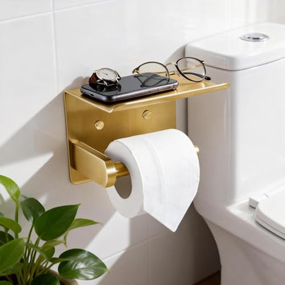 Toilet Paper Holder with Shelf, Heavy-Duty Stainless Steel Bathroom Hardware, Self-Adhesive No-Drill/Drill-Mount Wall-Mounted Roll Holder, Rust-Proof Bathroom Tissue Rack (Gold)