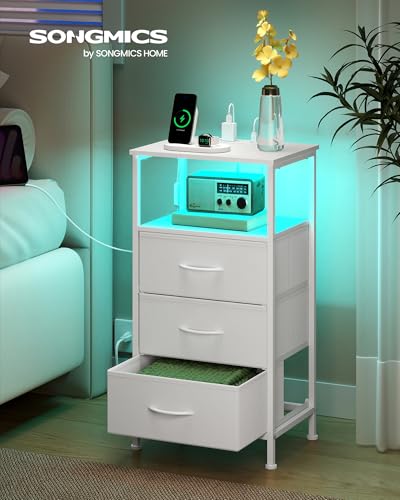 SONGMICS BELLAH Collection - Nightstand with Charging Station and App-Controlled Adjustable LED Lights, Bed Side Table, 3 Drawers and 1 Open Shelf, Modern, Cloud White and Snow White ULGS303WH01S