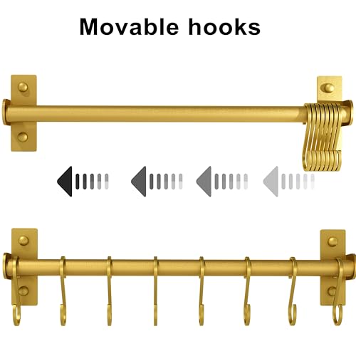 Kitchen Utensil Holder Hanger, Pot and Pan Rack Wall Mounted, Kitchen Rail with 8 Hooks for Hanging Cooking Utensils, Mugs, Spoons, Wall Mounted, Gold