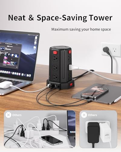 Power Strip 6.5 Ft Extension Cord with 12 AC Multiple Outlets 4 USB (1 USB C), SMALLRT Power Strip Tower Desktop Charging Station for Home Office College Dorm Essentials