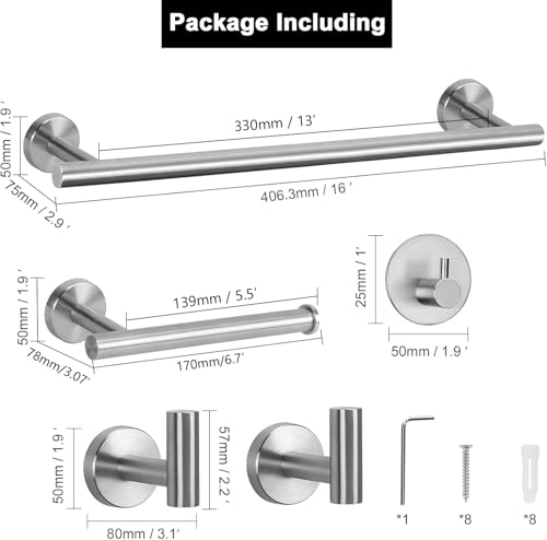 NearMoon Bathroom Hardware Set SUS 304 Thicken Stainless Steel-Towel Bar Set Include 16" Towel Rod, Toilet Paper Holder, Multifunctional Hooks Bathroom Accessories (Brushed Nickel, 5 Pcs)