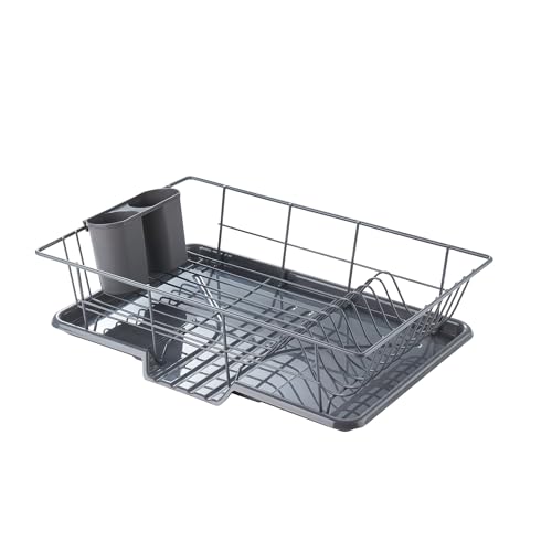 Sweet Home Collection Space-Saving 3-Piece Dish Drainer Rack Set: Efficient Kitchen Organizer for Quick Drying and Storage - Includes Cutlery Holder and Drainboard - Maximize Countertop Space, Gray