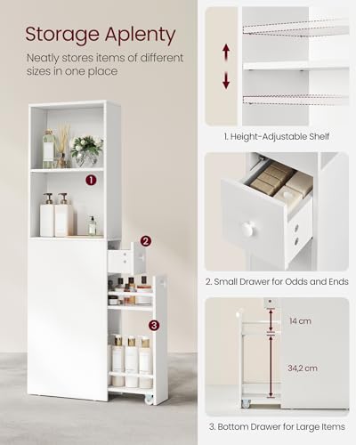 VASAGLE Slim Bathroom Storage Cabinet, Narrow Freestanding Cabinet with Storage Drawers and Adjustable Shelf, for Small Spaces, Modern Style, Cloud White UBBK567T14S