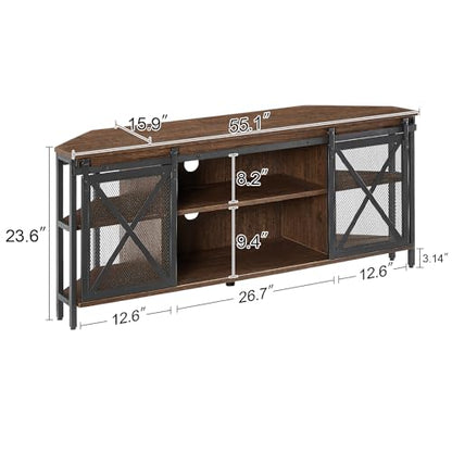 HOMISSUE Corner TV Stand for 55 Inch TV, Rustic Corner Entertainment Center with Storage, Industrial Media Console Table with Sliding Barn Door, Entertainment Center for Living Room, Brown