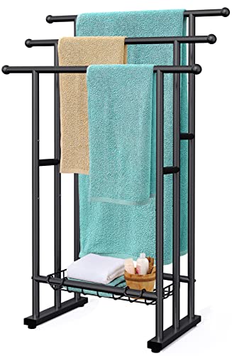 Kayfia 40'' Freestanding 3 Tier Alloy Steel Towel Rack with Storage Basket | Dual-Use Drying & Display Rack, Holds Oversized Bath Towels & Blankets, Fits Bathroom, Tub, Shower, Poolside, Black
