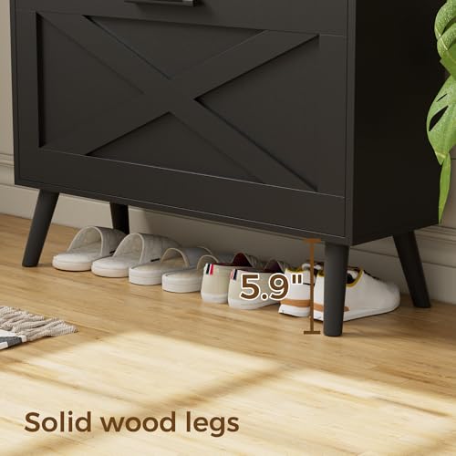 Farmhouse Shoe Storage Cabinet with Flip Drawers & Barn Door Design | Slim Narrow Shoe Rack Cabinet with Adjustable Shelves & Hidden Storage for Entryway, Foyer, Hallway, Living Room, Black