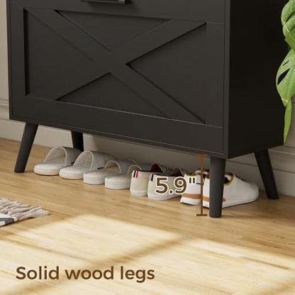 Farmhouse Shoe Storage Cabinet with Flip Drawers & Barn Door Design | Slim Narrow Shoe Rack Cabinet with Adjustable Shelves & Hidden Storage for Entryway, Foyer, Hallway, Living Room, Black