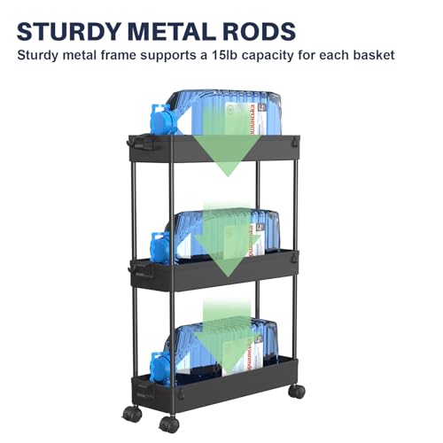 3 Tier Rolling Cart with Wheels, Storage Craft Art Trolley Organizer Serving, 3 Hanging Baskets Easy Assembly, for Office, Bathroom，Living Room, Kitchen, Black