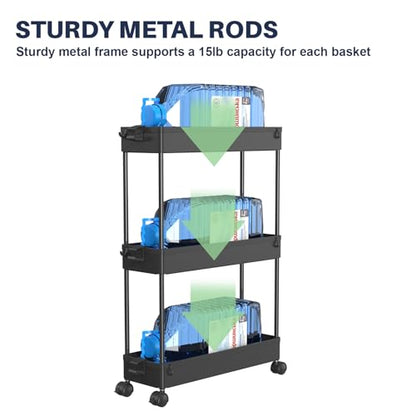 3 Tier Rolling Cart with Wheels, Storage Craft Art Trolley Organizer Serving, 3 Hanging Baskets Easy Assembly, for Office, Bathroom，Living Room, Kitchen, Black