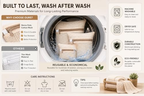 6-Pack Laundry Bags, Durable Cotton Mesh with Sturdy Zipper, Breathable Mesh Fabric, Ideal for Washing Underwear, Pants, Shoes, Socks and Delicate Garments