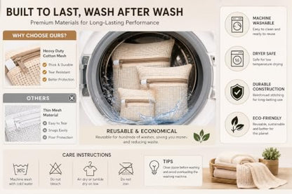 6-Pack Laundry Bags, Durable Cotton Mesh with Sturdy Zipper, Breathable Mesh Fabric, Ideal for Washing Underwear, Pants, Shoes, Socks and Delicate Garments