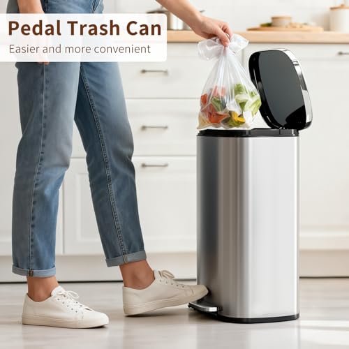PayLessHere | 13G Trash Can with Lid | Steel | Removable Inner Bucket | Made of Stainless Steel | Soft-Close Step Pedal | Hands-Free Use | Easy to Clean | for Kitchen, Office, Bathroom