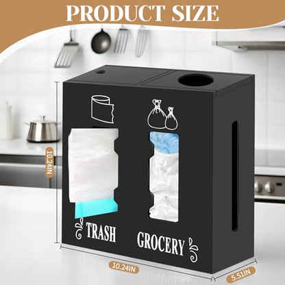 2 in 1 Trash Bag Dispenser and Grocery Bag Holder, Large Wooden Trash Bag Holder,Trash Bag Dispenser for Grocery Bags and Plastic Bags,Kitchen Cabinet Under Sink Organizers and Storage