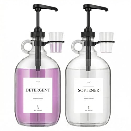 2 Pcs Glass Liquid Laundry Detergent Dispenser with Cup Holders, Half Gallon Dispenser for Laundry Room (64 oz. Each), Laundry Detergent Bottles with Pump Dispenser - (Black Pumps)