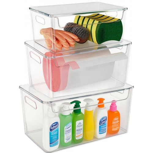 3 Pack Trash Bag Organizer Under Sink, Stackable Plastic Garbage Bags Holder with Lid, Trash Bag Dispenser Roll Storage for Kitchen, Pantry & Laundry Room Organization