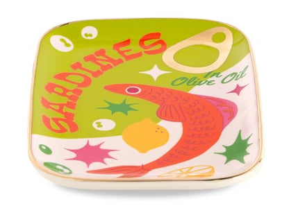 ban.do Novelty Ceramic Trinket Tray, Sardines | 6.5" x 4.5" Jewelry Dish, Small Decorative Tray for Keys or Decor, Cute Food Theme Catchall Tray with Gold Foil
