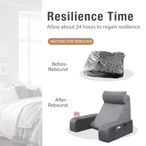 19" Reading Pillow for Bed with Firm Back Support & Big Pockets | Back Pillow for Bed Sitting Up/Watching TV/Nursing/Recovery/Gaming,with Cup Space,High Density Foam Filling,Stone Grey