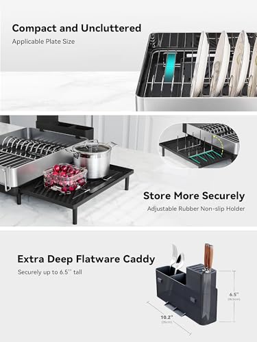 Large Dish Drying Rack, Expandable Dish Racks for Kitchen Counter, Space Saving 304 Stainless Steel Drying Rack Kitchen, Extra Large Drainer with Multifunctional Flip Up Pegs, Black