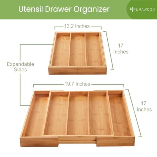 Purawood Kitchen Drawer Organizer, 2 Pack - Expandable Utensil Drawer Organizer for Kitchen, Cutlery Tray & Silverware Organizer, 3-5 Slots - Bamboo Organizer for Utensils & Flatware (Natural)