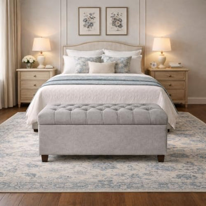 Homepop Home Decor | Tufted Ainsley Button Storage Ottoman Bench with Hinged Lid | Ottoman Bench with Storage for Living Room & Bedroom, Grey