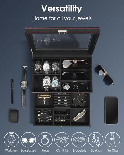Watch Jewelry Box Organizer, 6-Slot 2-Layer Watch Case and Sunglasses Storage with Large Glass Lid, Men's Jewelry Box with Lock, Watch Holder Display Case, Fathers Day Gift for Dad
