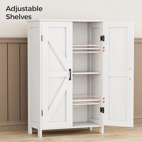 43.3" H Farmhouse Bathroom Storage Cabinet with Adjustable Shelves | Freestanding Storage Cabinet with Barn Doors for Bathroom, Kitchen, Living Room, Dining Room & Entryway, White