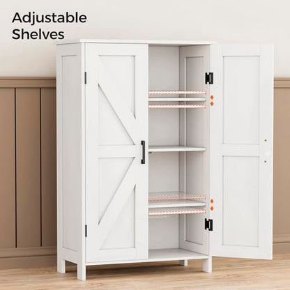 43.3" H Farmhouse Bathroom Storage Cabinet with Adjustable Shelves | Freestanding Storage Cabinet with Barn Doors for Bathroom, Kitchen, Living Room, Dining Room & Entryway, White