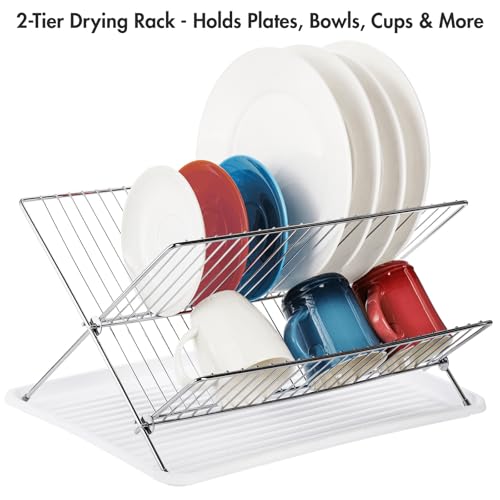 Foldable Dish Drying Rack with Drip Tray, Stainless Steel 2 Tier Dish Drainer Rack, Collapsible Dish Drainer, Folding Dish Rack for Kitchen Sink, Countertop, Cutlery, Plates, Dishes