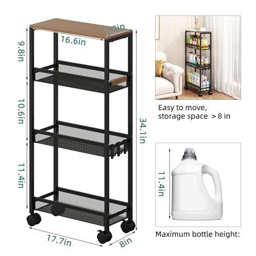 Utility Slim Storage Cart, 4 Tier Rolling Cart with Wheels, Narrow Storage Cabinet for Bathroom, Laundry Shelves for Room Organization, Small Organizer for Kitchen, Office and Dorm (Black)