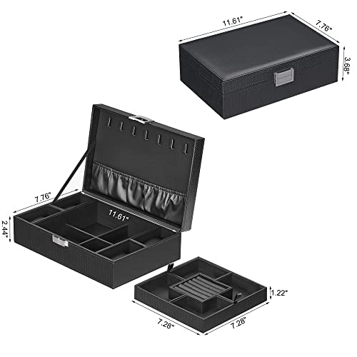 BEWISHOME Mens Jewelry Box Organizer, Jewelry Box for Men Women | with 4 Watch Case Removable Tray, Jewelry Display Storage Case, Carbon Fiber Design Earring Ring Bracelet Case, Black SSH07C
