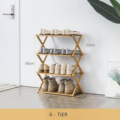 4 Tier Bamboo Shoe Rack,Portable Folding Shoe Storage Rack,Without Installation Small Shoe Rack Perfect for Corridors, Bedrooms and Small Spaces (4 Tier)