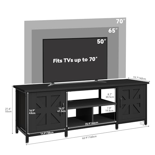 YITAHOME Farmhouse TV Stand with LED Lights & Charging Station, Black | Entertainment Center with Storage Cabinets & Shelves, Cross-Pattern Doors, Fits TVs up to 70'', TV Consoles for Living Room