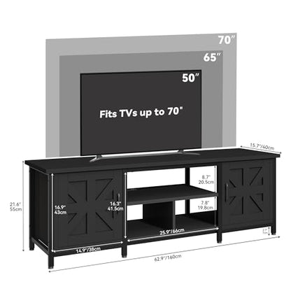 YITAHOME Farmhouse TV Stand with LED Lights & Charging Station, Black | Entertainment Center with Storage Cabinets & Shelves, Cross-Pattern Doors, Fits TVs up to 70'', TV Consoles for Living Room