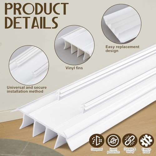 Pushglossy 2 Pcs Kerf Style Door Bottom 36" Long 1 3/4" Wide Replacement Threshold Seal with Vinyl Fins Weatherstrip Draft Stopper for Interior Exterior Doors(White)
