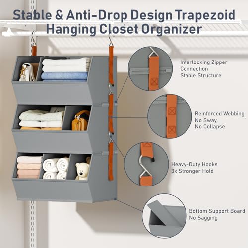 Hanging Closet Organizer Extra Large, Clothes Hanging Shelves for Closet with Divider, Collapsible Closet Storage System, Fabric Storage Bins for Home, Dorm, Rv, Sweaters, Handbags, Underwear, Sock
