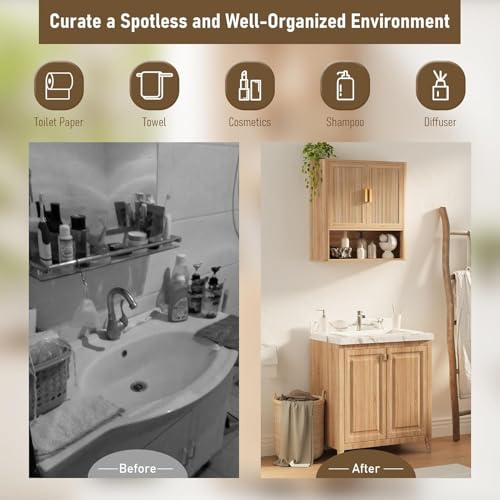 Bathroom Wall Storage Cabinet, Medicine Cabinet with Adjustable Wood Shelf & Doors, Over the Toilet Storage Cabinet for Laundry Room & Living Room Kitchen Storage Islands (Natural Oak)