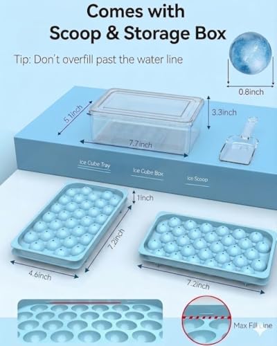 Ice Cube Trays with Lid and Bin, BPA-Free Mini 0.8 Inch Sphere Ice Molds, 3-Pack Small Round Ice Ball Trays，，Easy Release, Includes Scoop & Ice Storage Box for Cocktails, Coffee