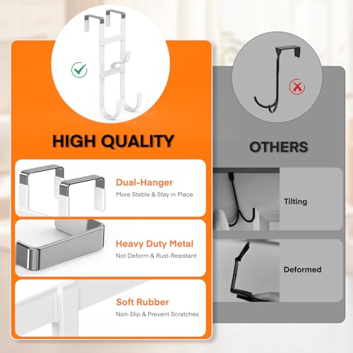 FYY Over the Door Hooks, Triple-Hanger 2 Pack, Fits Doors 1.6" White | Heavy Duty Metal, Hold 100lbs, Rubber-Coated, No-Drilling, for Bathroom Dorm, Hanging Towels Clothes Bags Ironing Board Robe