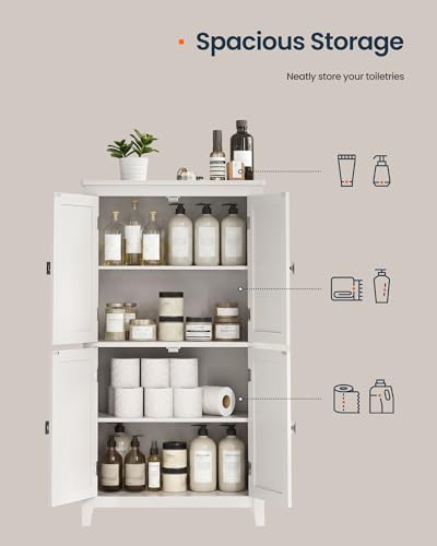 SONGMICS HOME Freestanding Storage Cabinet, Floor Cabinet with Elevated Legs, Metal Handles, for Living Room, Kitchen, Bathroom, White