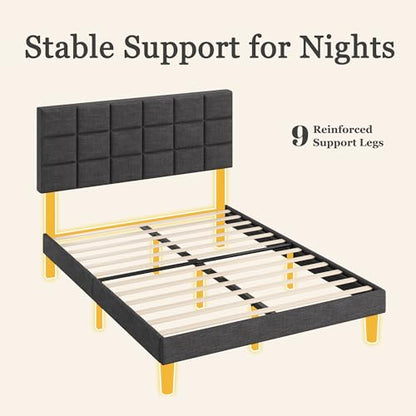 Queen Platform Bed Frame with Linen Upholstered Adjustable Tall Headboard, No Box Spring Needed, Anti-Noise EVA Sponge, Easy Assembly, One-Box Shipping, 7.5 Inch Under Bed Storage, Dark Grey