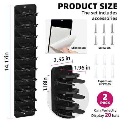 2 Pack Wall Mounted Hat Rack, Hat Organizer for Baseball Caps & Display | Unique Spring Clip Design, Keeps 20 Hats,Ideal for Wall & Closet & Shelf Hanging, Hat Organize & Storage for Men and Women
