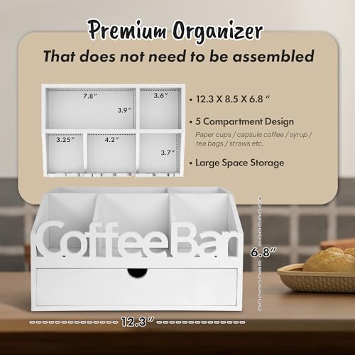 Coffee Bar Organizer Countertop,Wood Coffee Station with Drawer,Home&Office | K-Cups, Tea Bags, Sugar Packets & Creamers