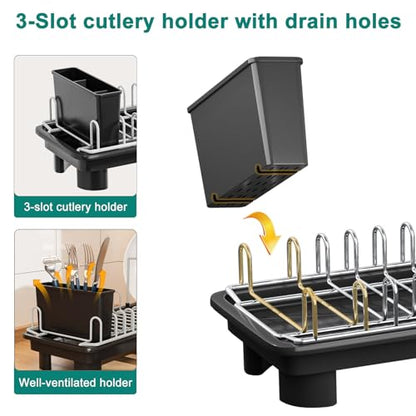 junyuan Compact Dish Drying Rack,Small Dish Rack for Kitchen Counter, Dish Drainer with 360° Rotatable Spout,Plate Rack, Dish Strainer with Cutlery Holder for Pots, Fork & Knives Space Saving