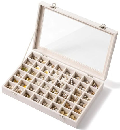 48 Grid Earring Organizer and Storage: Velvet Jewelry Tray with Lid, Jewelry Box for Studs, Earrings, Rings, Necklaces, Dresser & Vanity, Earrings Case for Girls, Women, 13"x8.6"x2.4", Beige
